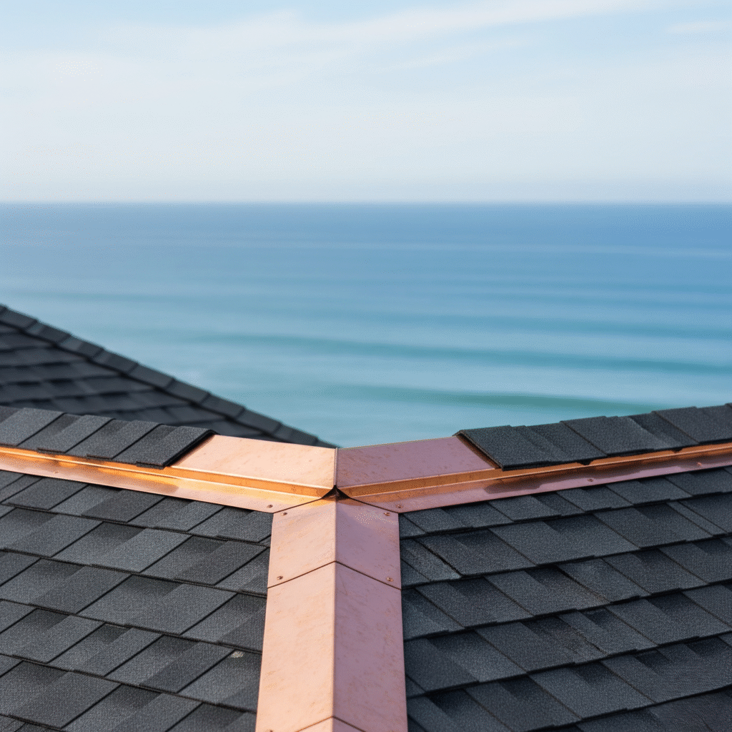 Copper flashing on a roof with ocean in the background.