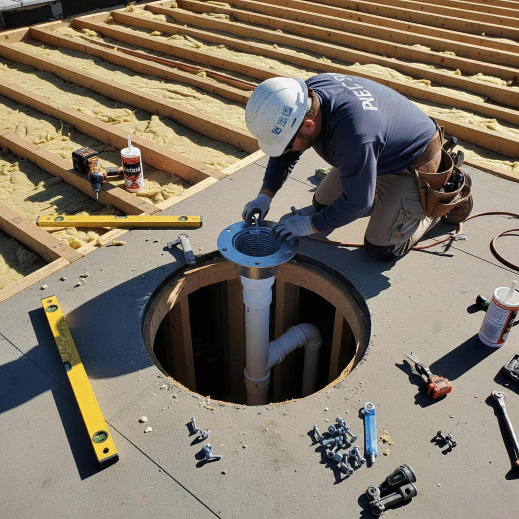 interior drain installation on a flat roof