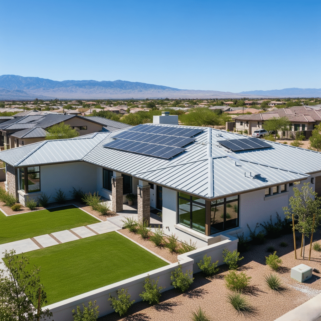 metal roofed home with solar panels