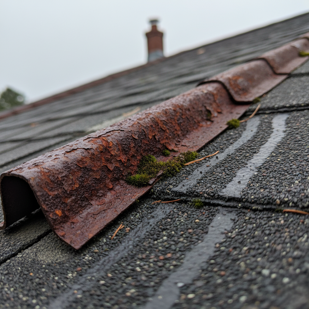 Close up of corroded or rusted roof flashing.