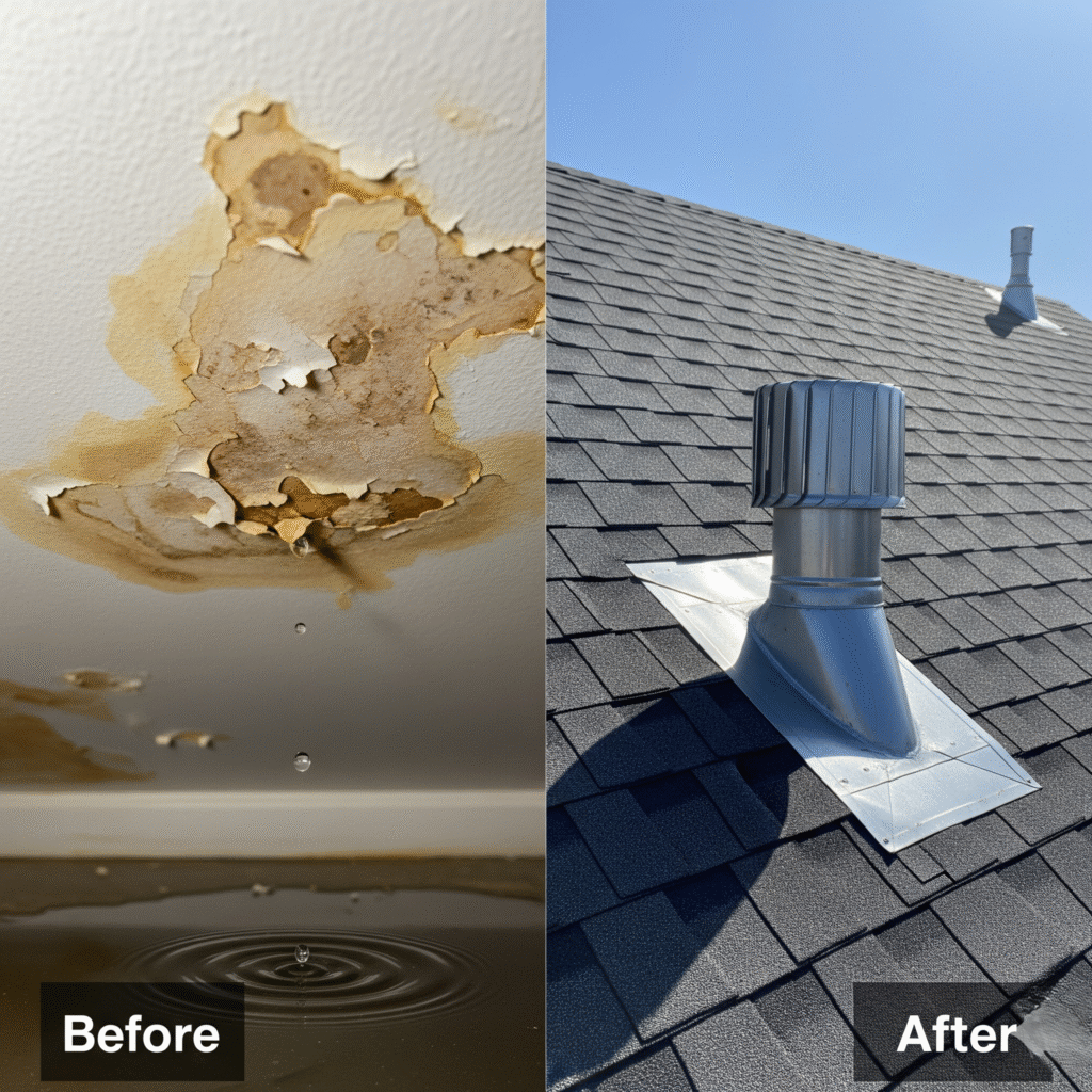 roof leaks vs. a repaired roof with new flashing.