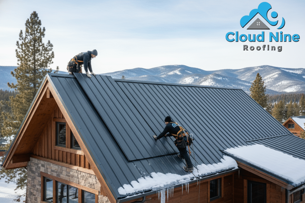 Roofing professionals installing metal panels on a pitched roof.