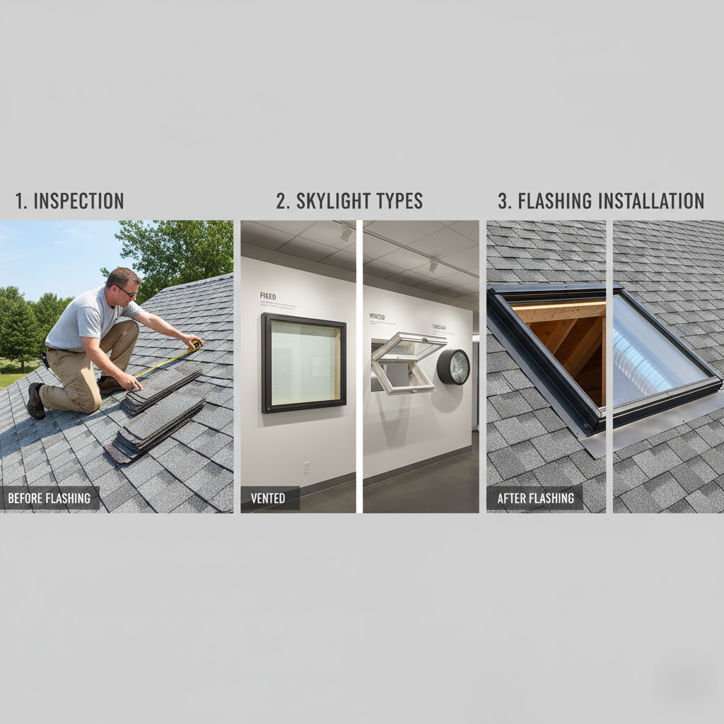 skylight flashing installation on a shingle roof.