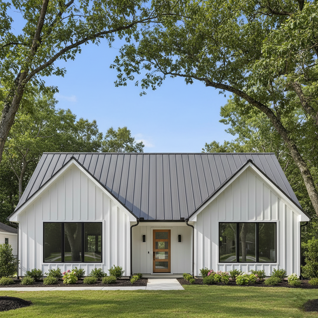 A contemporary Oxford home featuring a charcoal metal roof and white siding.