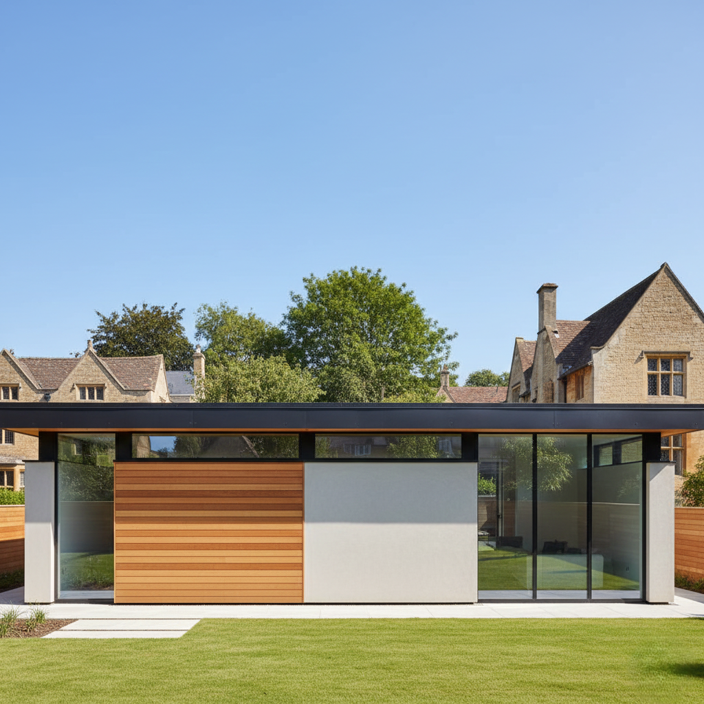 A minimalist black EPDM roof on a modern Oxford home with clean horizontal lines and a neutral exterior palette.