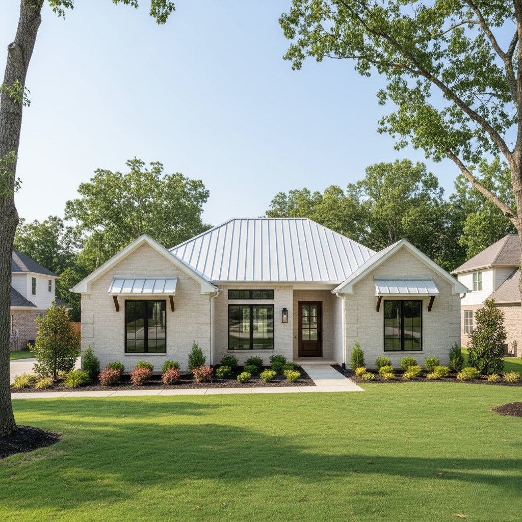 A modern home in Oxford with a white metal roof complementing a brick exterior.