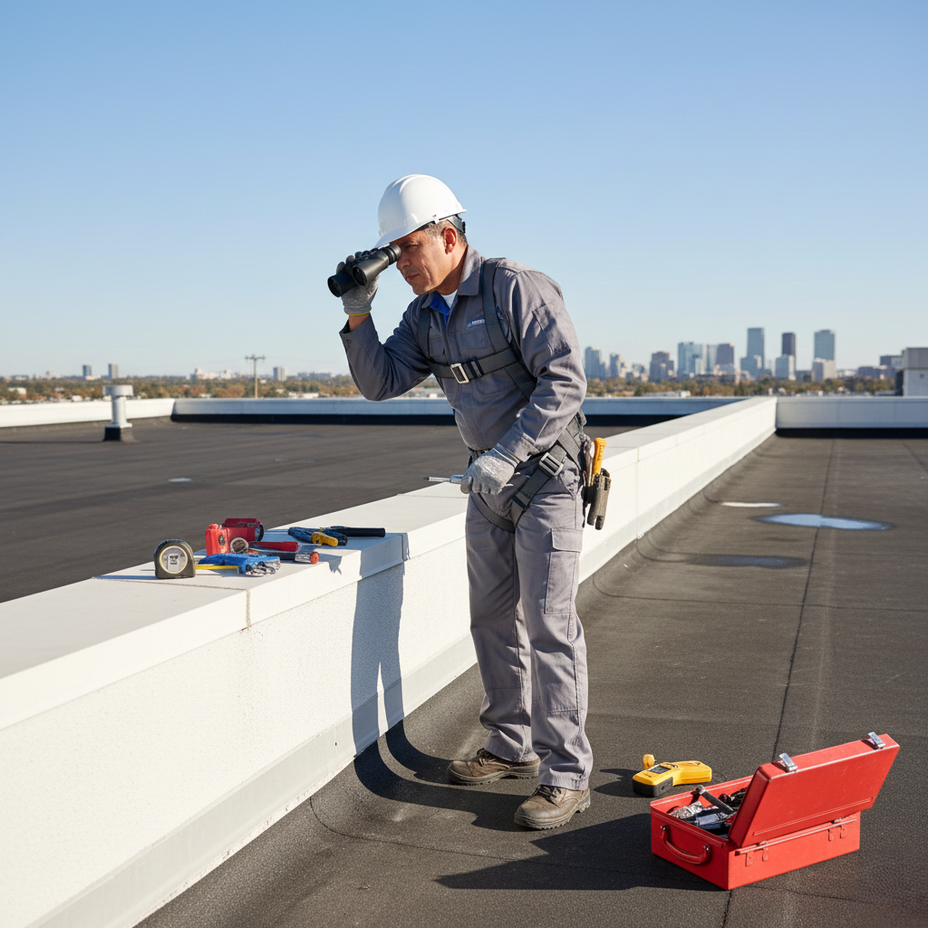 A professional roofer inspecting a flat roof with tools, standing near a parapet wall.