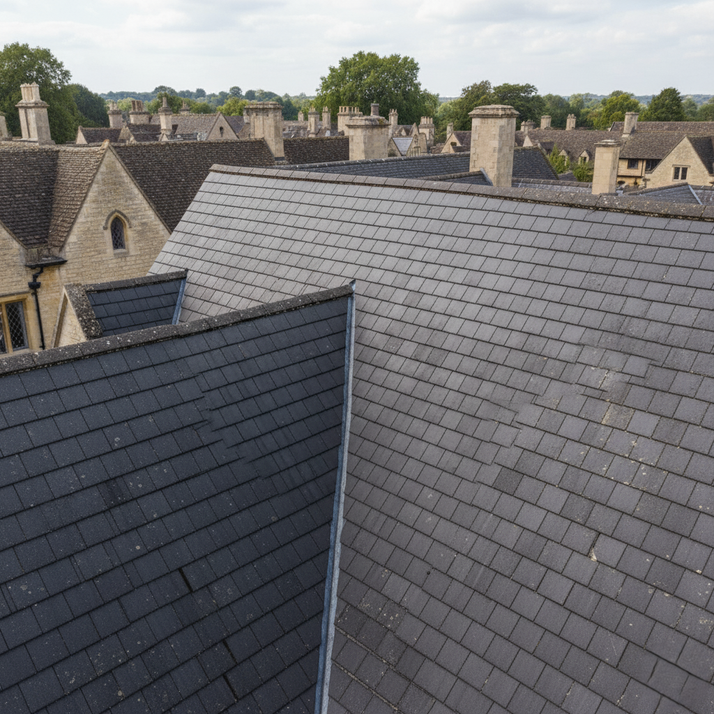 Feathered shingle installation blending new and old roofing seamlessly.