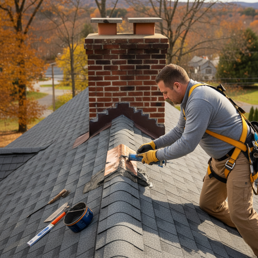 Roofing technician resealing flashing joints with waterproof cement.