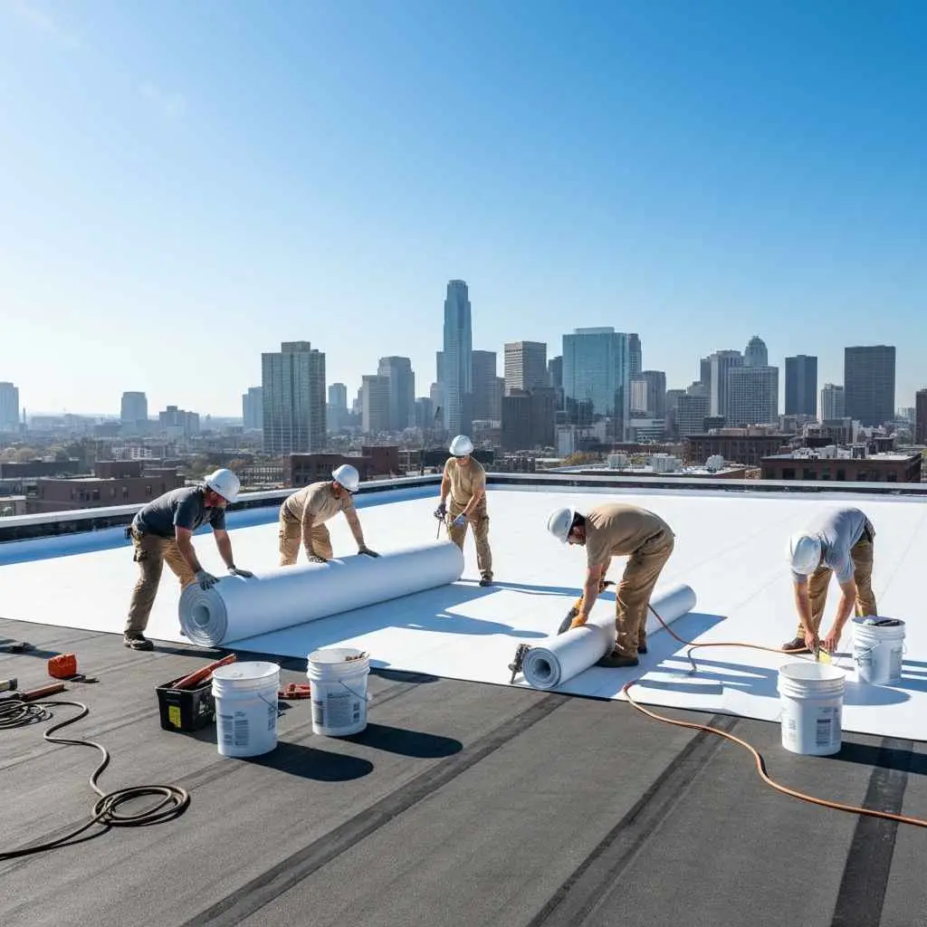 Professional roofing crew installing flat roofing