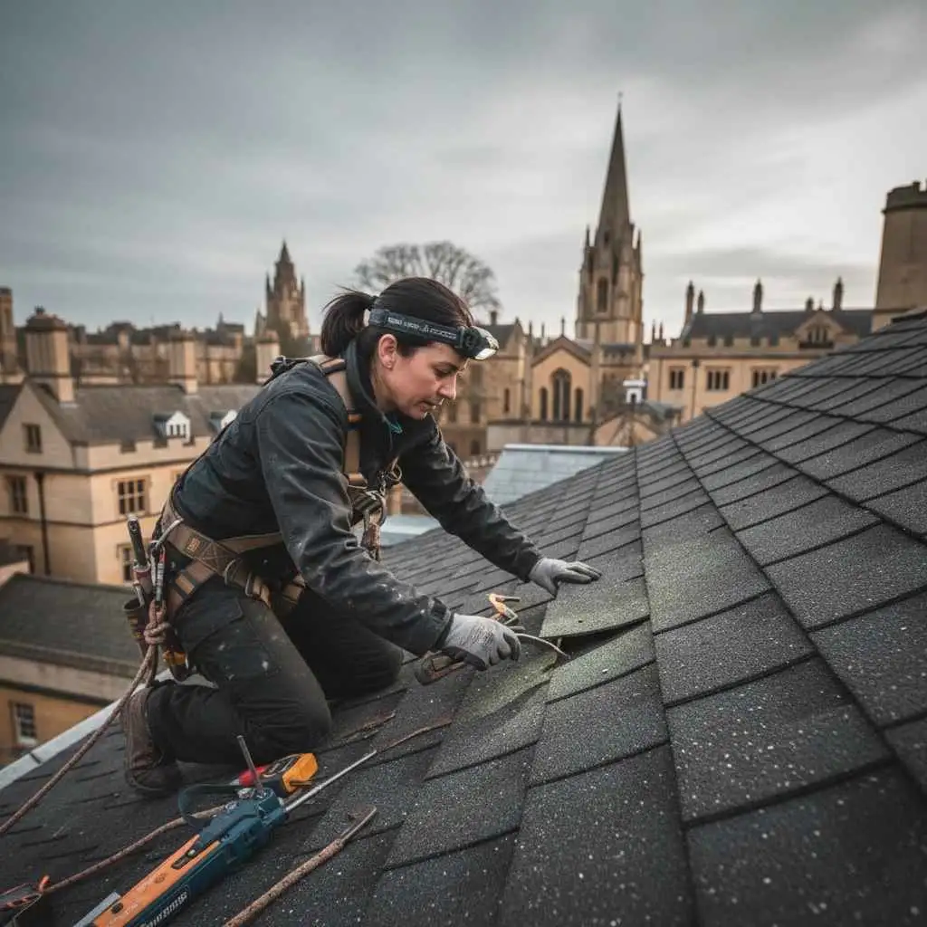 professional roofer inspecting asphalt shingles on an Oxford home