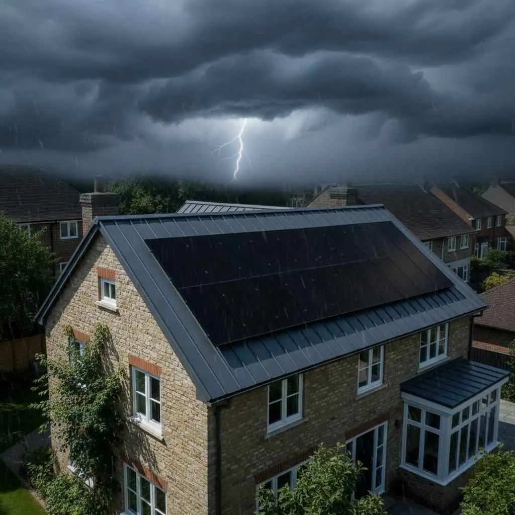 storm cloud above a home with secure metal roof and solar array