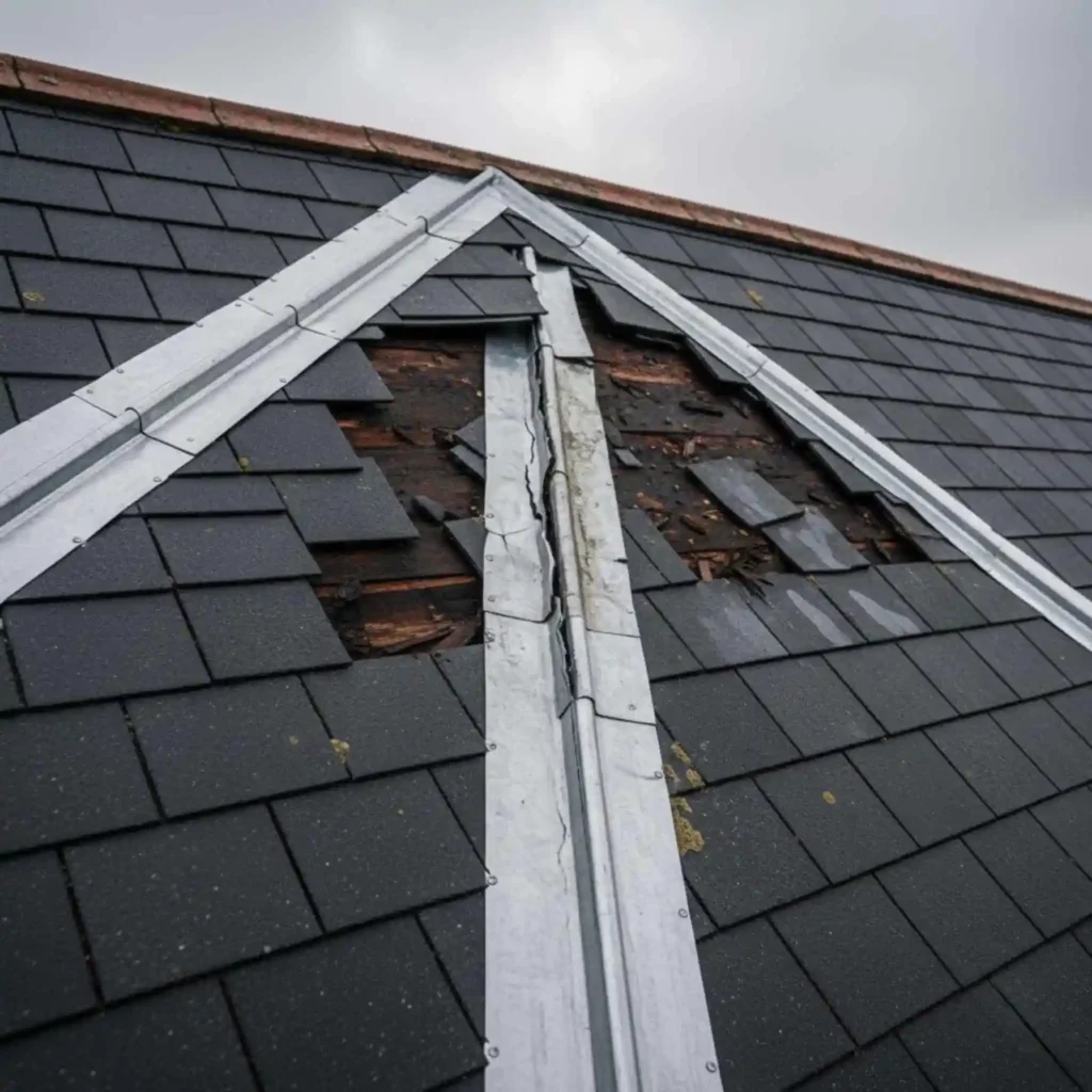 Close-up of damaged roof flashing