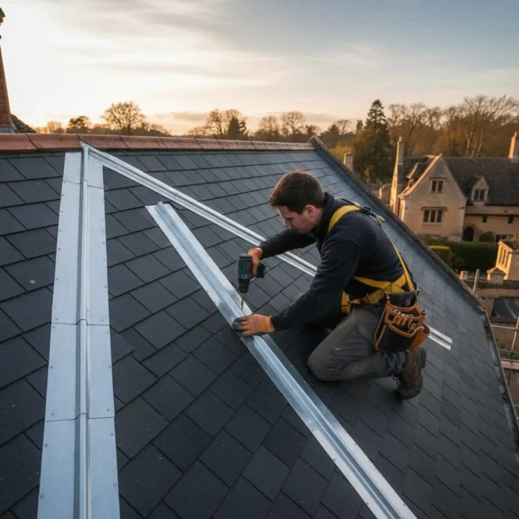Roofer installing valley flashing
