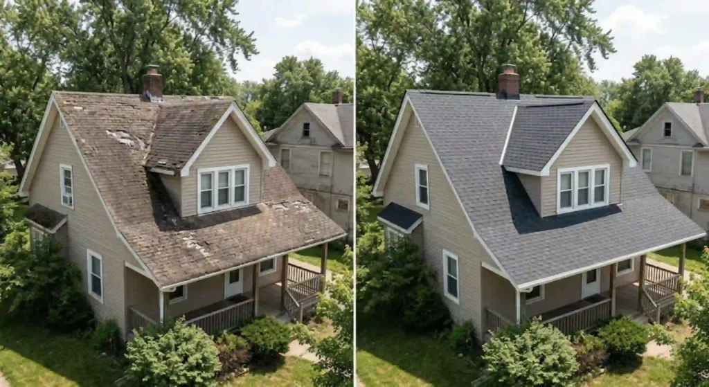 before-and-after roof replacement image
