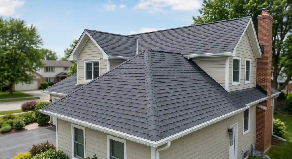 newly installed roof with clean, uniform shingles