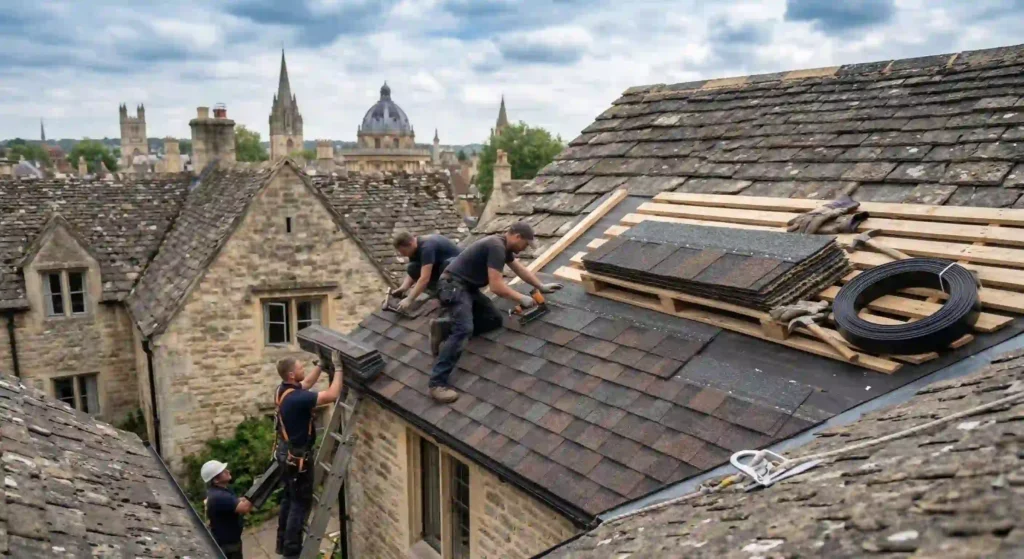 roofing contractors installing asphalt shingles on a residential home.