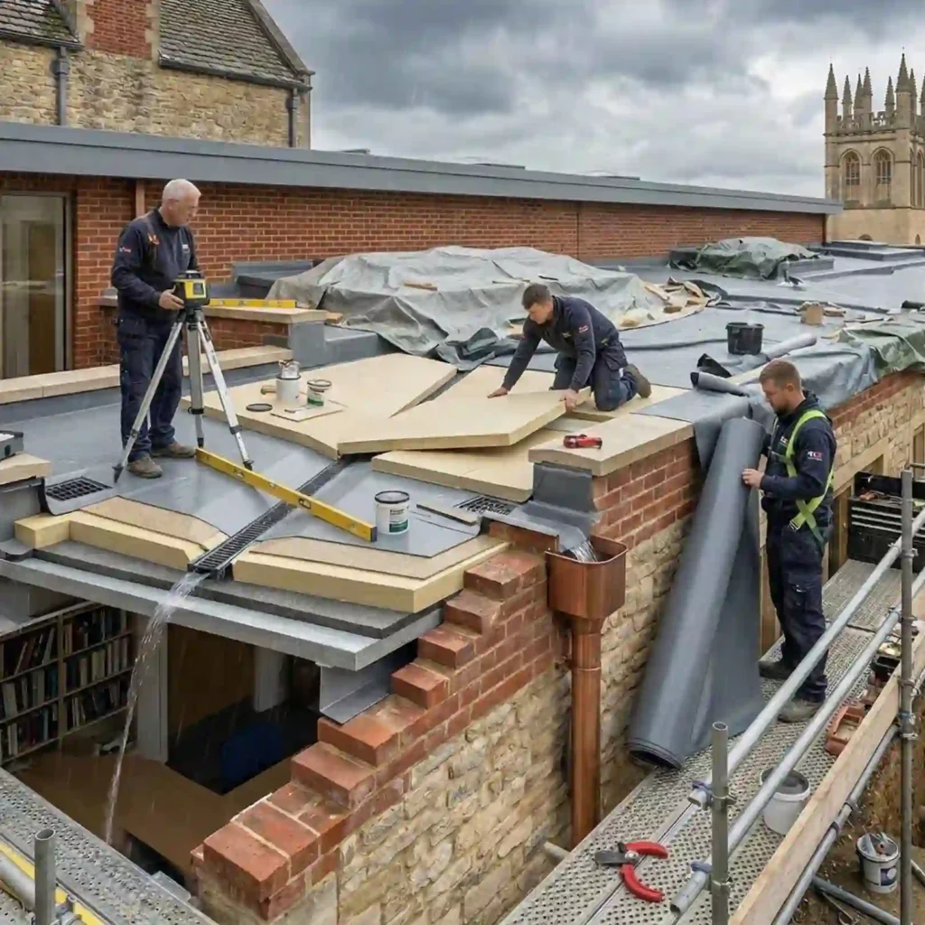 roofing team correcting flat roof slope
