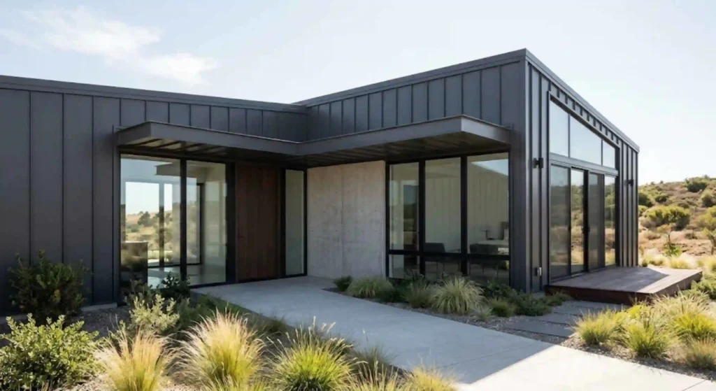 clean, modern home exterior with matching roof