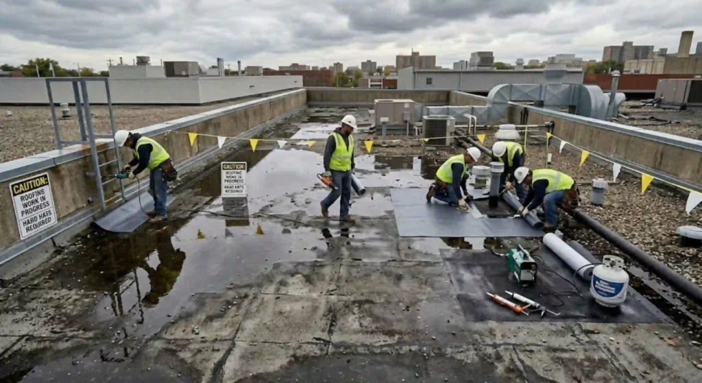 professional roofing team at work